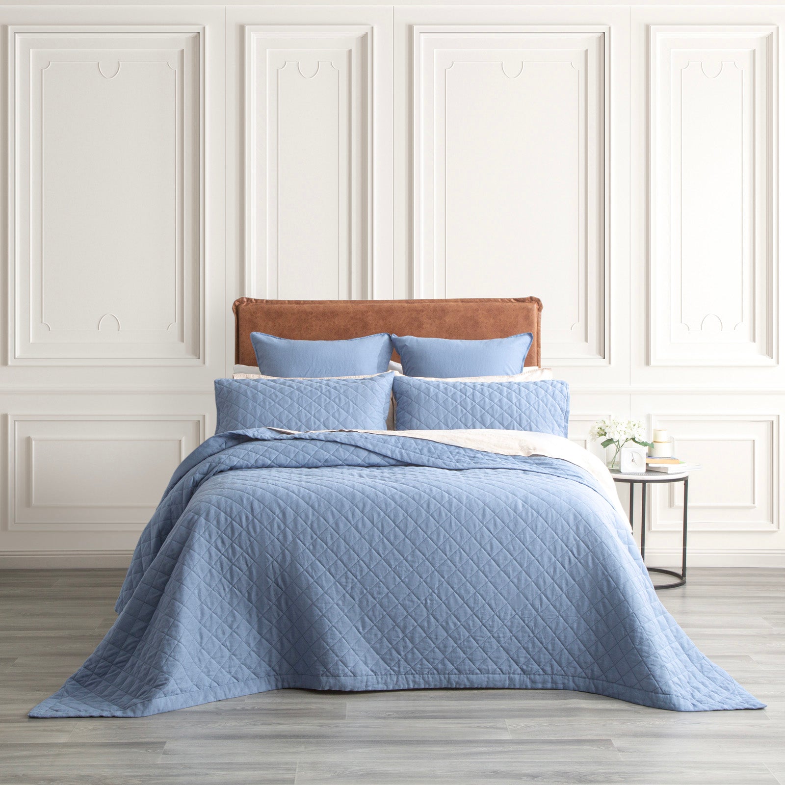 Renee Taylor Cavallo Stone washed French Linen Quilted Bed Coverlet Set Super King Denim