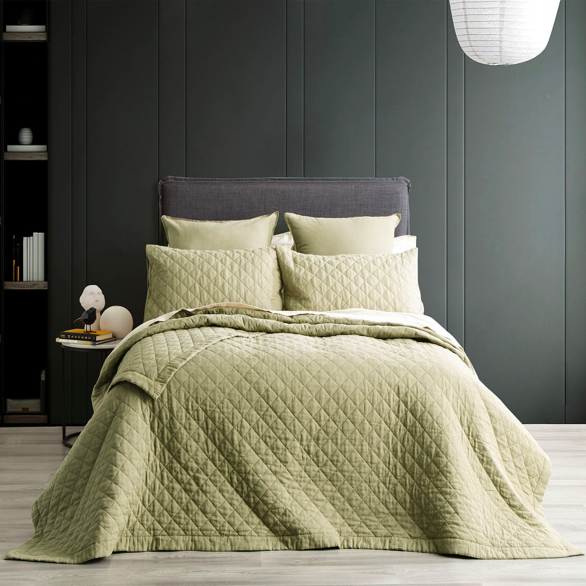 Renee Taylor Cavallo Stone Washed French Linen Quilted Coverlet Set - Super King - Jade
