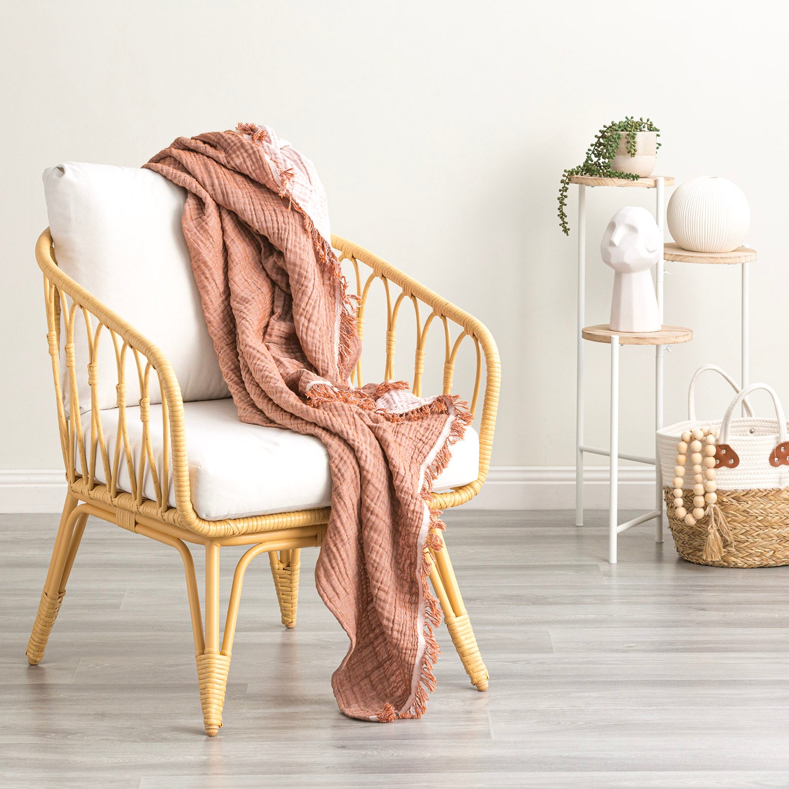 Renee Taylor Dreamy Vintage Washed Yarn Dyed Textured Cotton Throw 130 x 200 Cms Rust