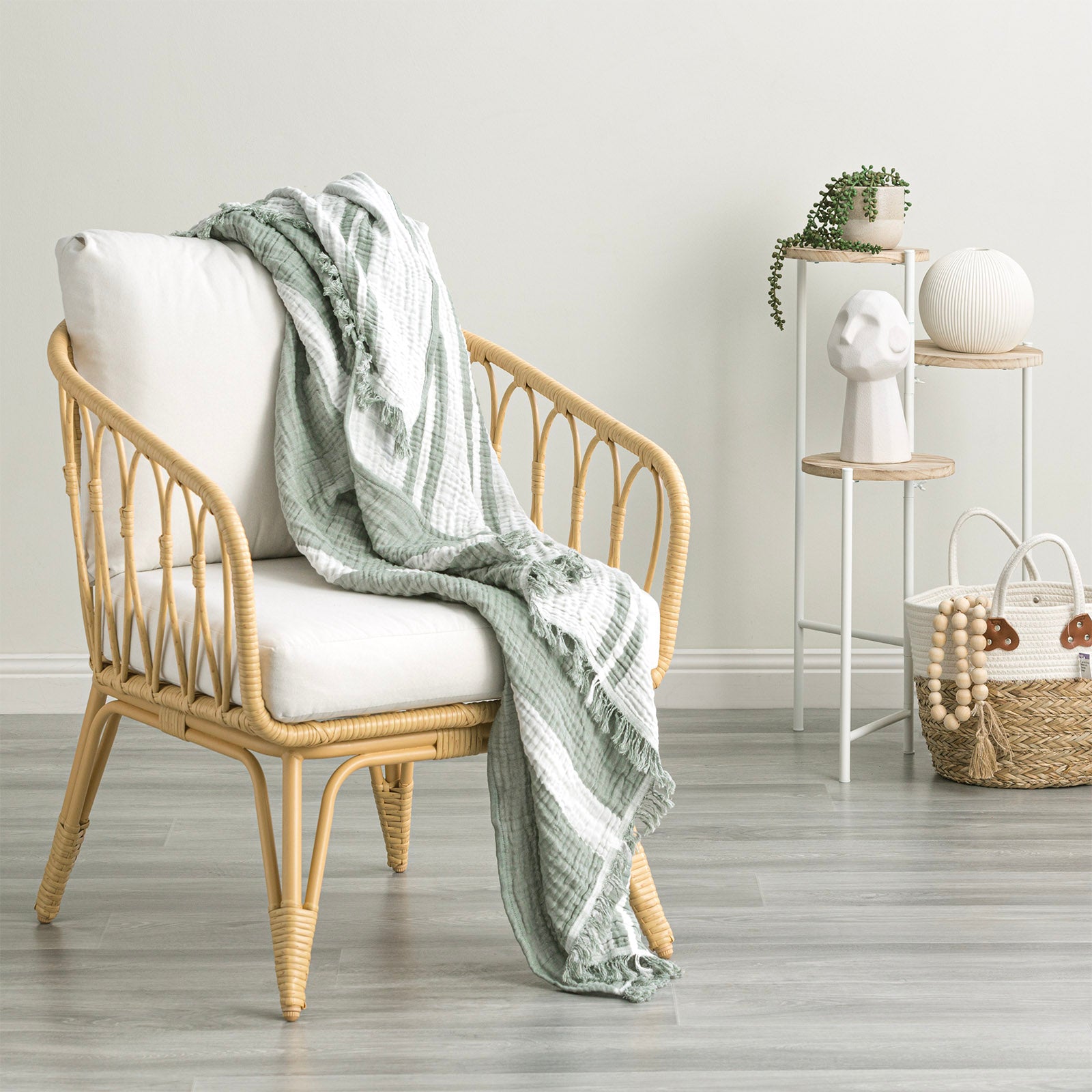 Renee Taylor Ray Striped Vintage Washed Yarn Dyed Textured Cotton Throw 130 x 200 Cms Pistachio