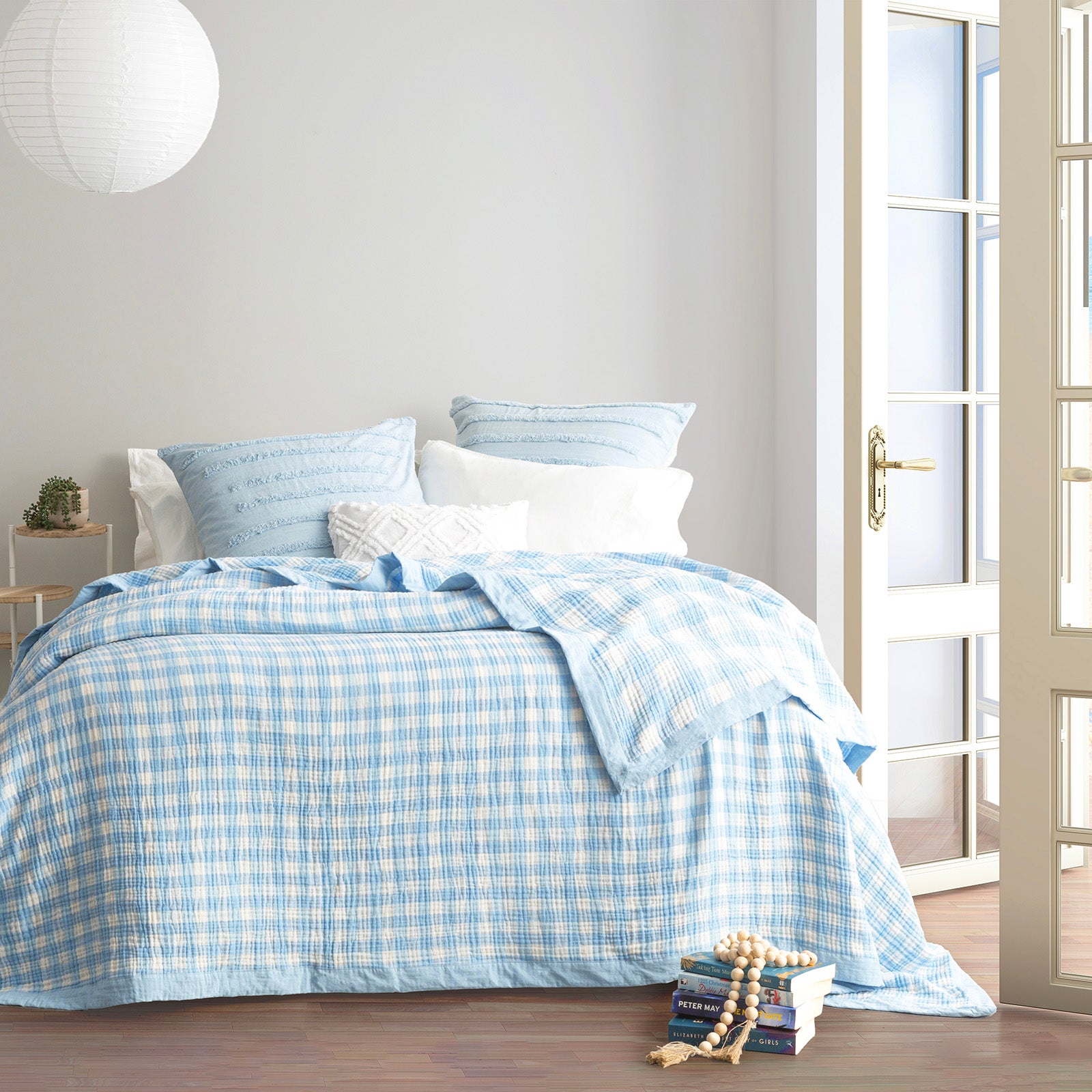 Renee Taylor Gingham Washed Cotton Yarn Dyed Revesible Textured Blanket Queen/King French Blue