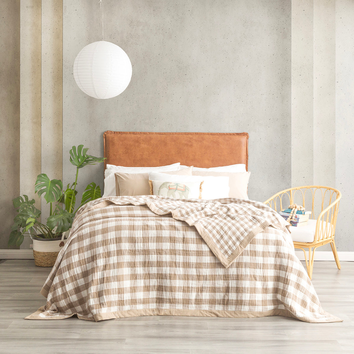 Renee Taylor Gingham Washed Cotton Yarn Dyed Reversible Textured Blanket - Queen/King - Tan