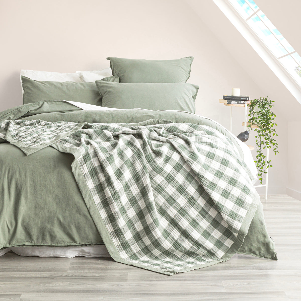 Renee Taylor Gingham Washed Cotton Yarn Dyed Reversible Textured Blanket - Single/Double - Emerald