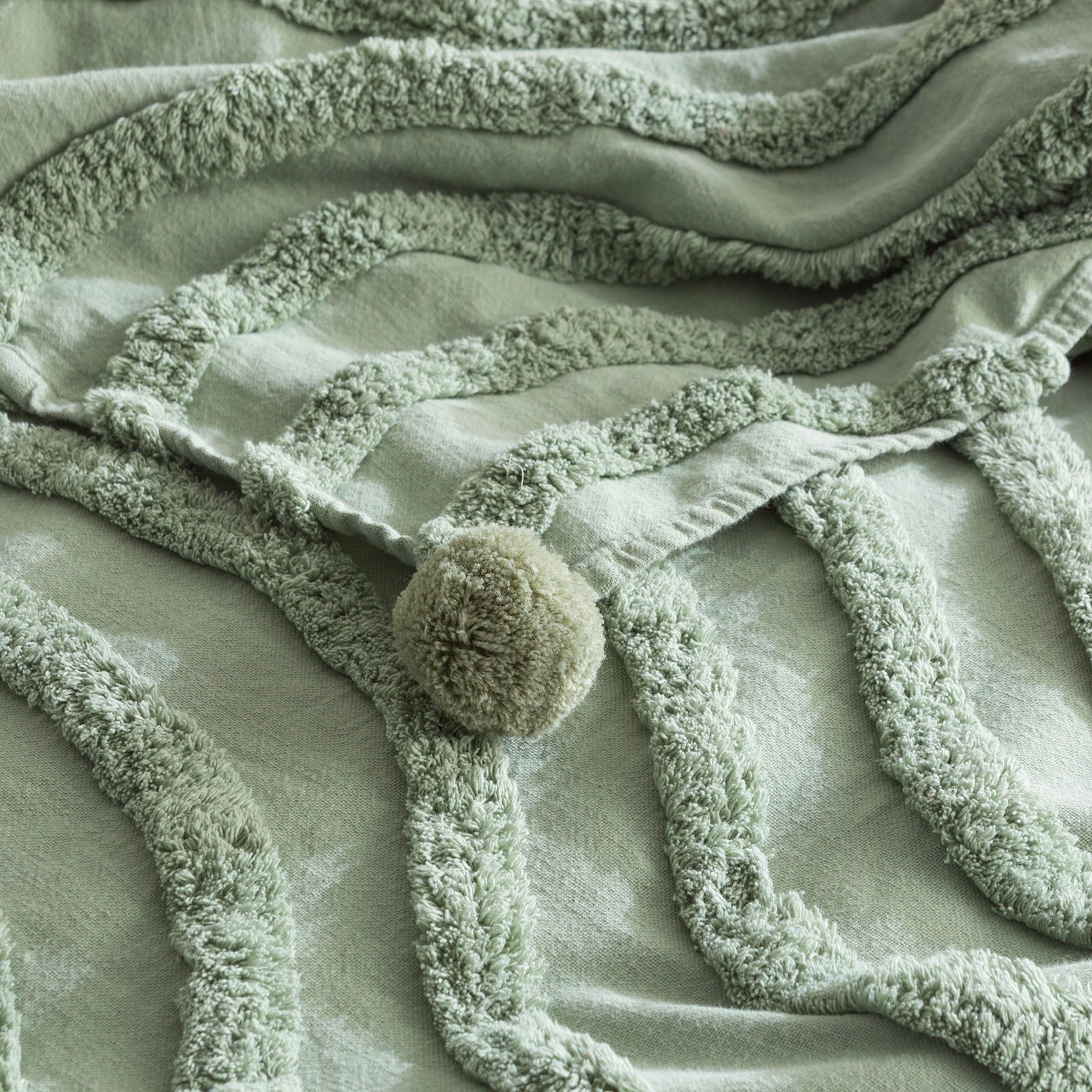 Renee Taylor Wave Cotton Chenille Vintage Washed Tufted Throw 130 x 200 Cms Sage