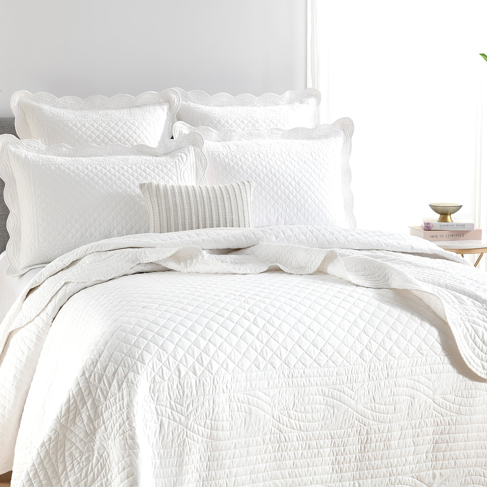 Renee Taylor Scallop Jacquard Coverlet Set Super King Pearl