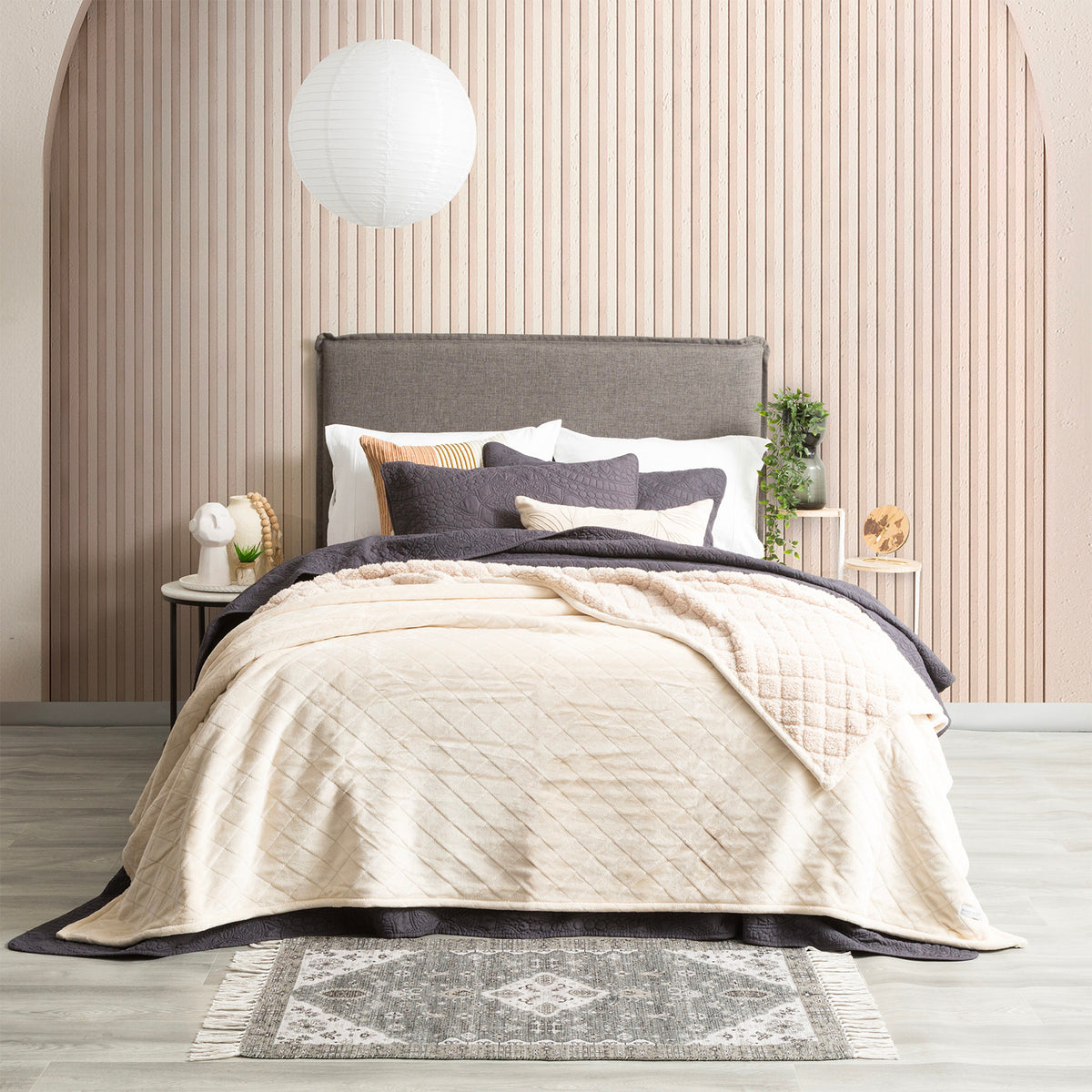 Renee Taylor Heston 480 GSM Ultra Soft Velvet Sherpa Blanket - Single/Double - Stone