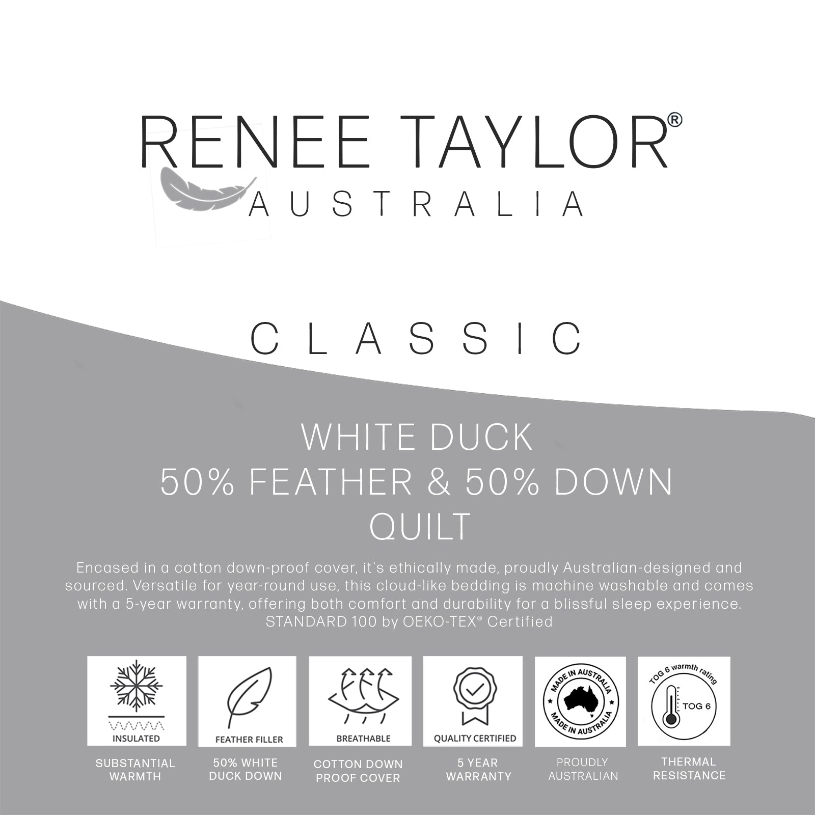 Renee Taylor Classic 50% White Duck Feather and Down Quilt Single