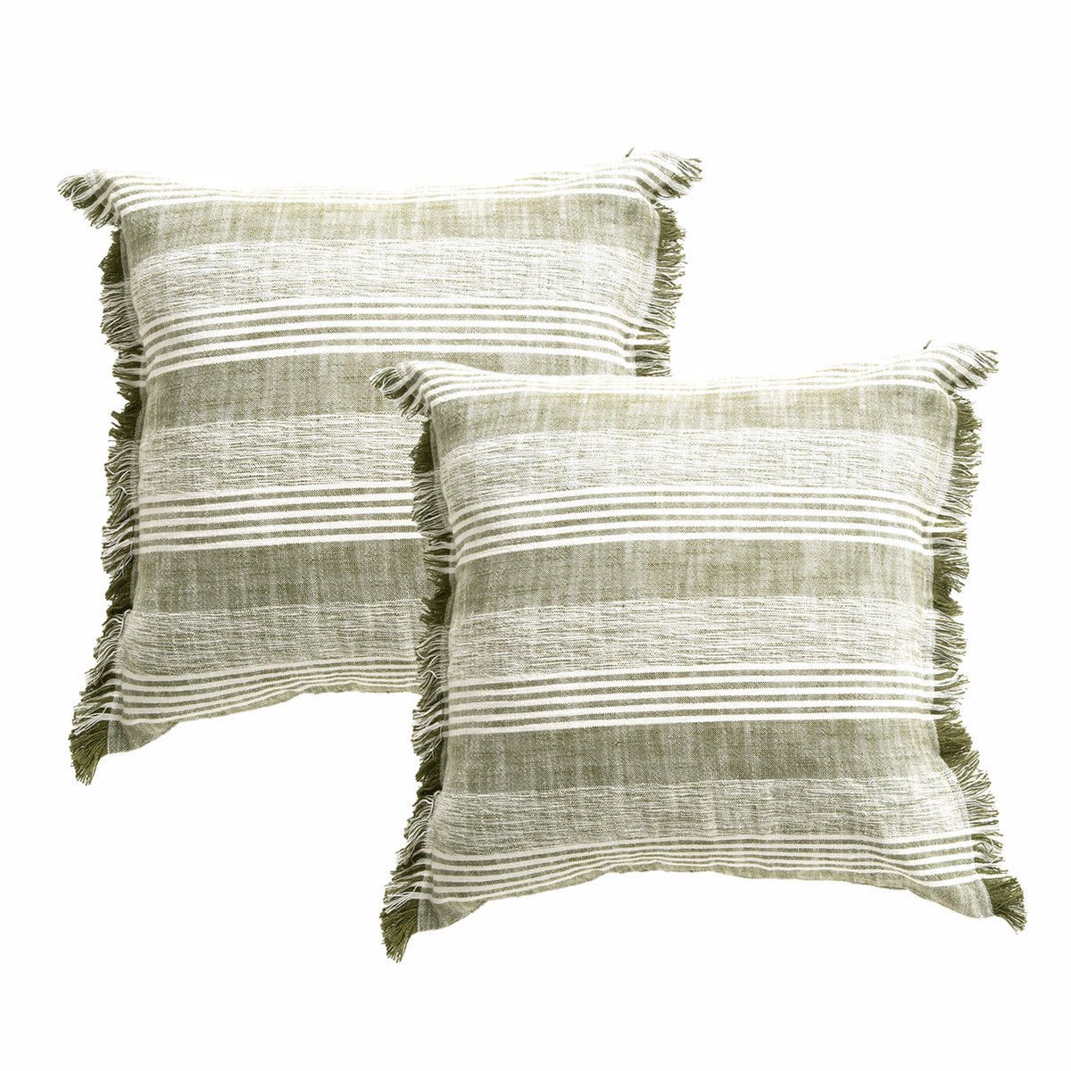 Renee Taylor Kent Stripe Stone Washed Yarn-Dyed Cushion Twin Pack — 50 x 50 cm - Eucalyptus - Feather Filled