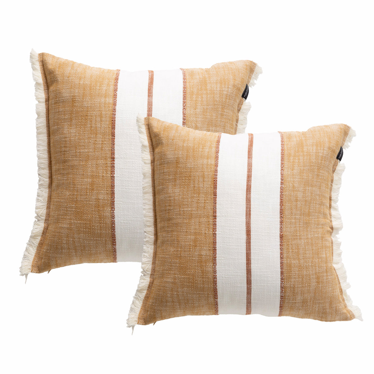 Renee Taylor Darcy Stripe Stone Washed Yarn-Dyed Cushion Twin Pack — 50 x 50 cm - Tan - Feather Filled
