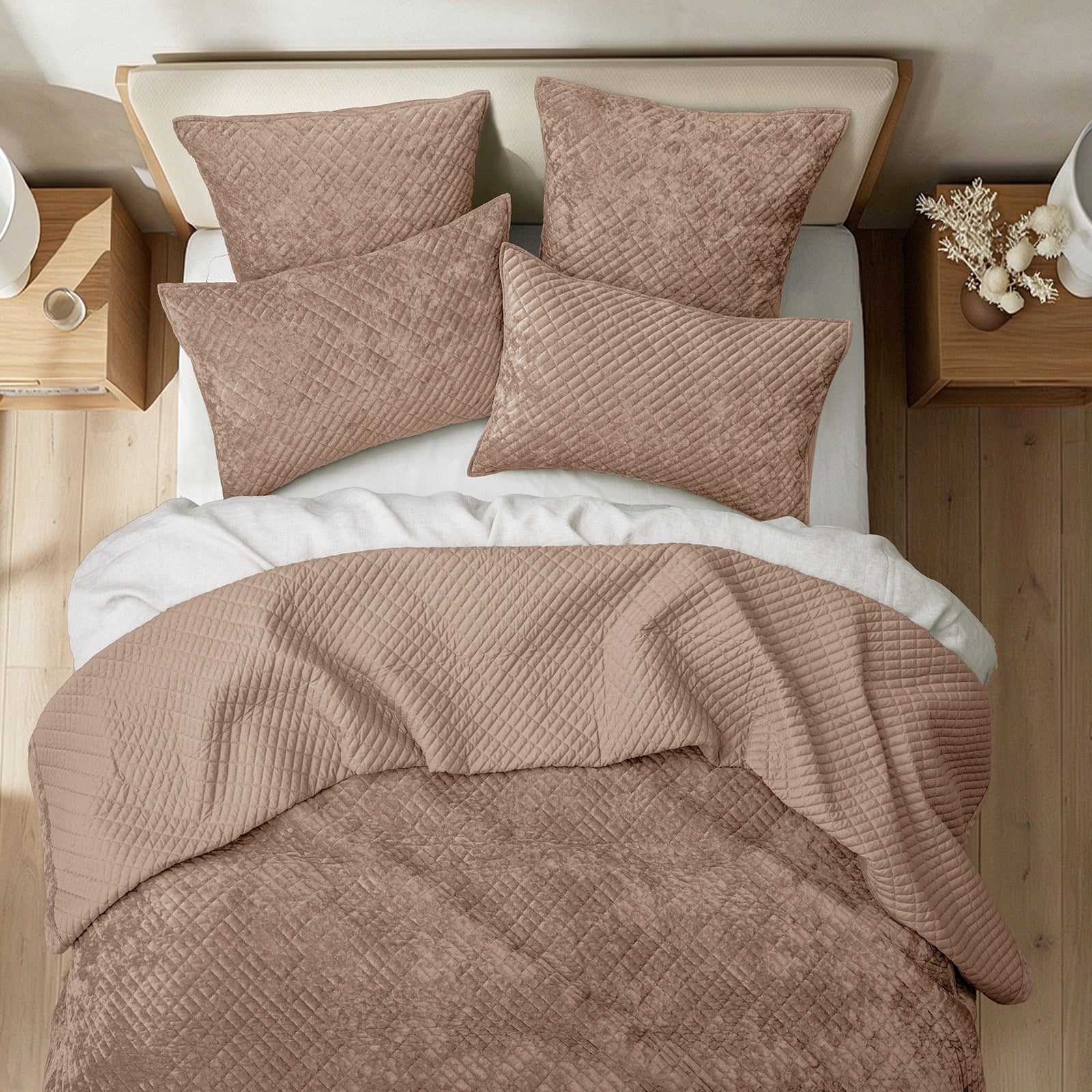 Renee Taylor Archie Cross Stitch Velvet Coverlet Set Queen/King Wood
