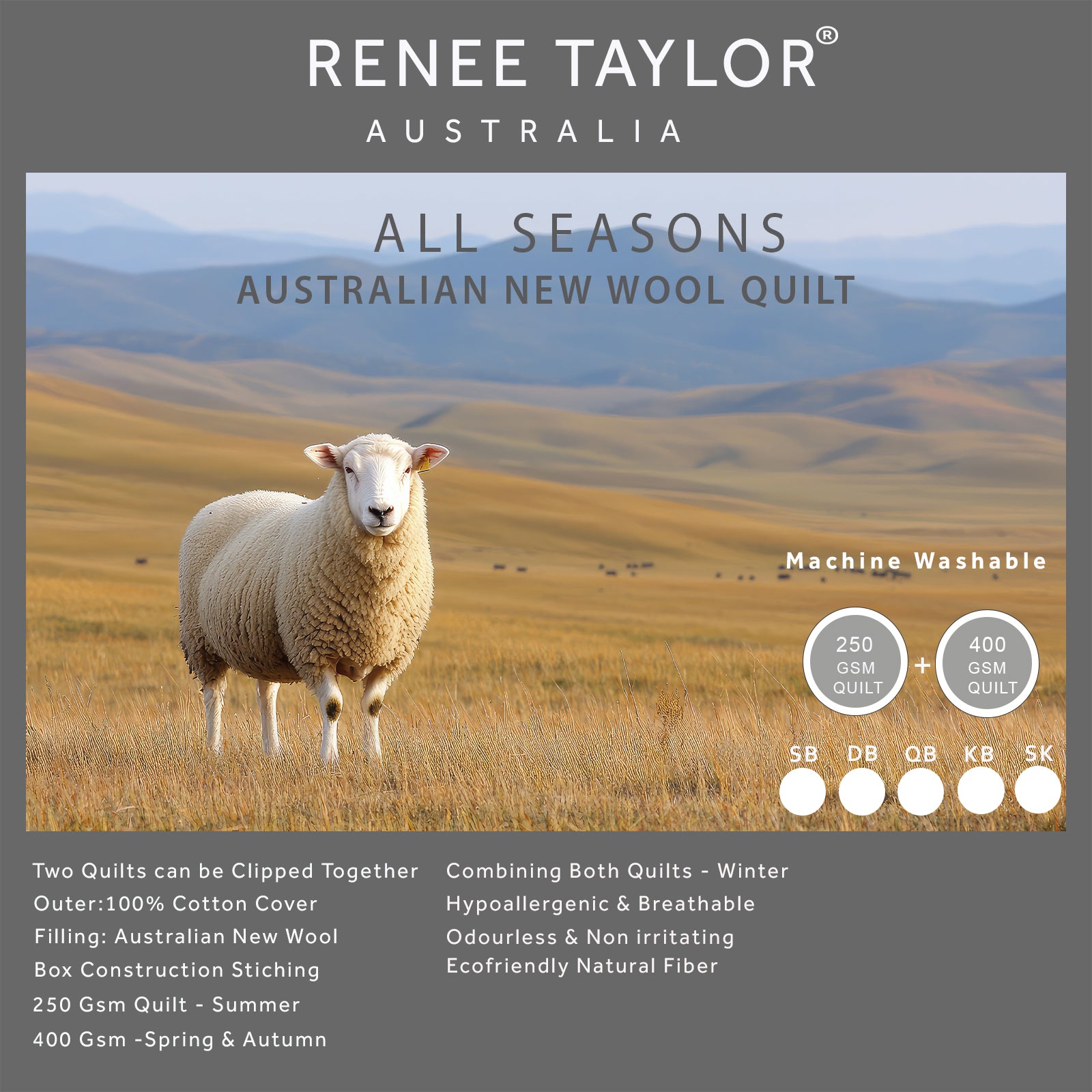 Renee Taylor All Seasons 2 in 1 Australian Wool Quilt Super King