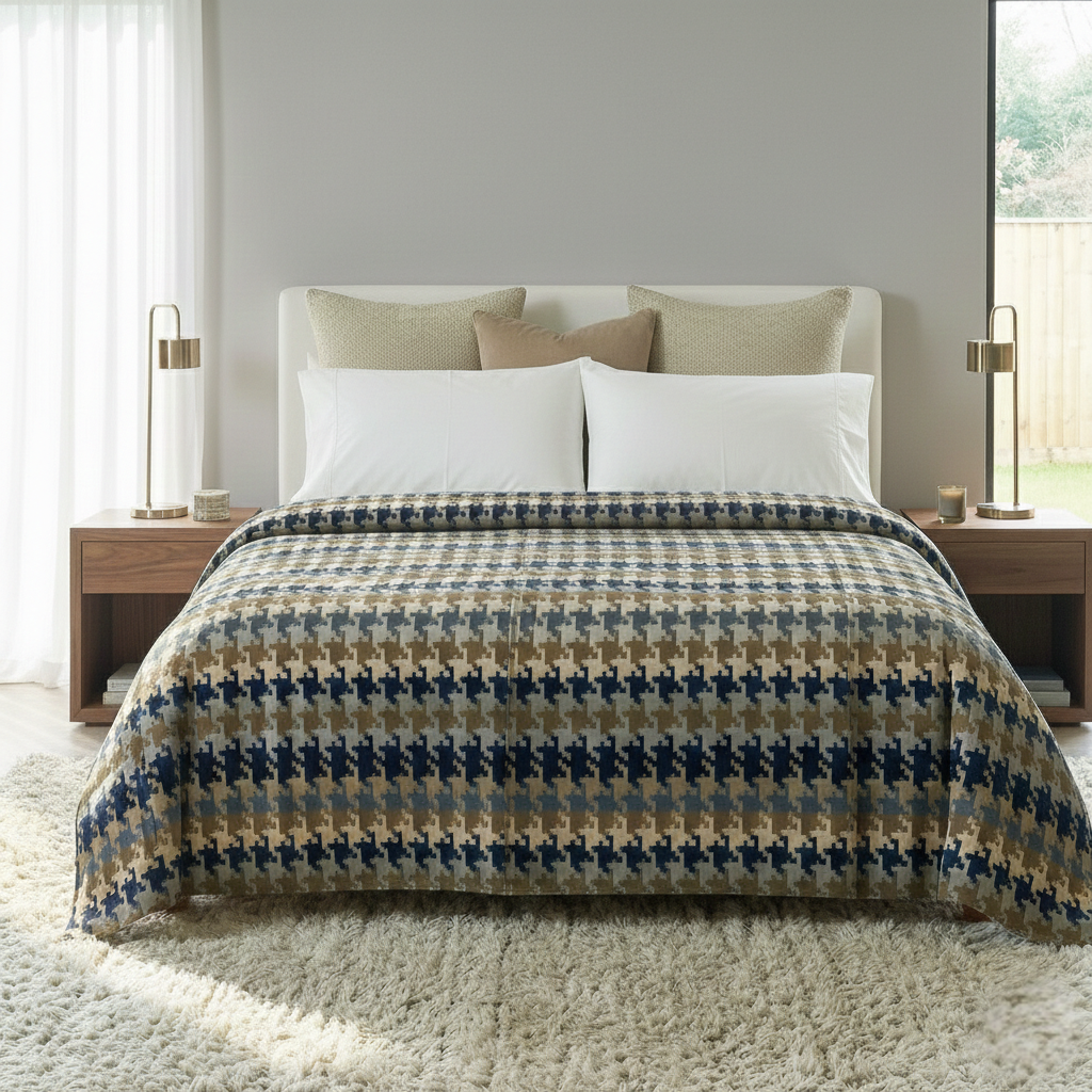 Renee Taylor 100 % Acrylic Super Soft Heavy Weight Printed Mink Blanket 220 x 240 Cms Houndstooth