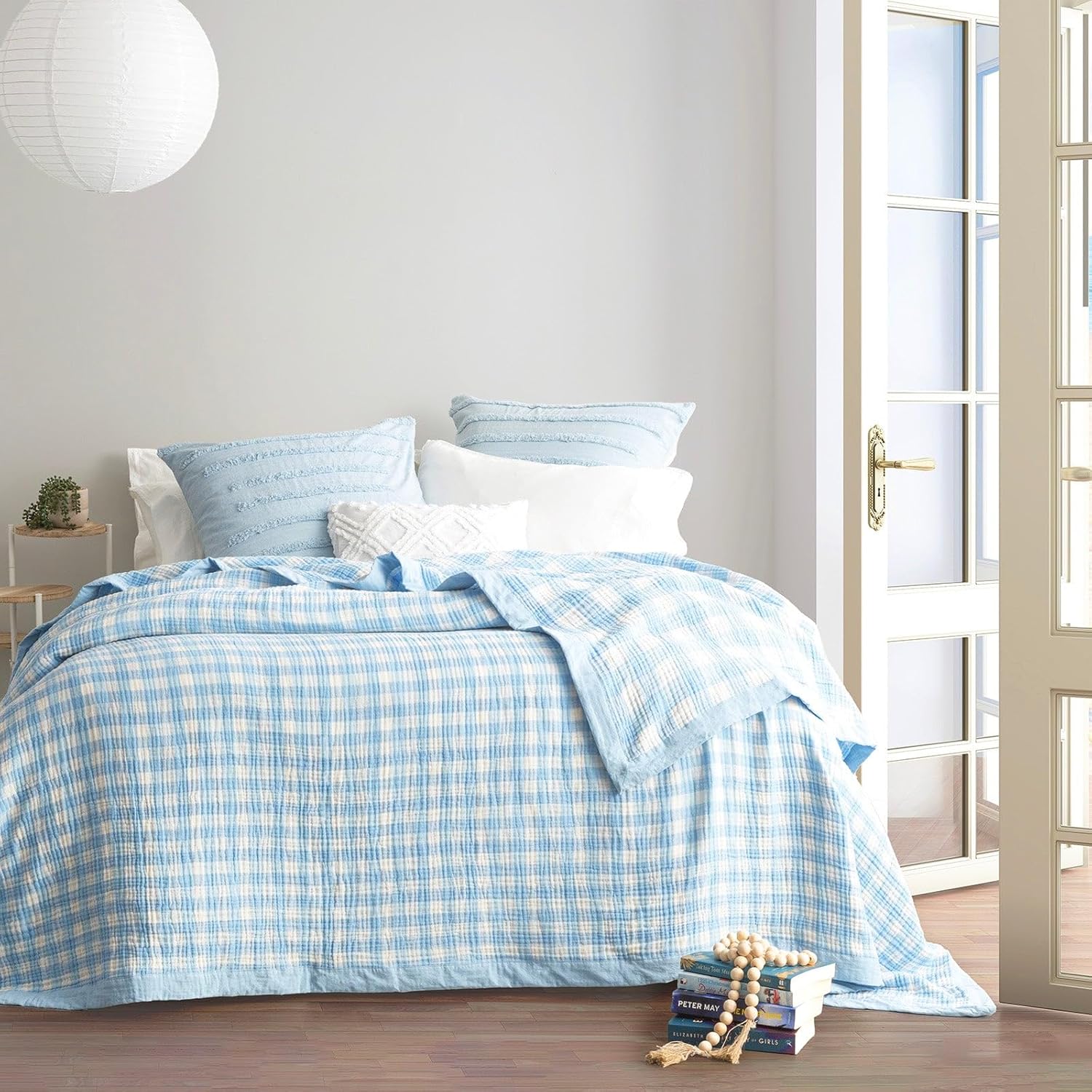 Renee Taylor Gingham Washed Cotton Yarn Dyed Revesible Textured Blanket Queen/King French Blue