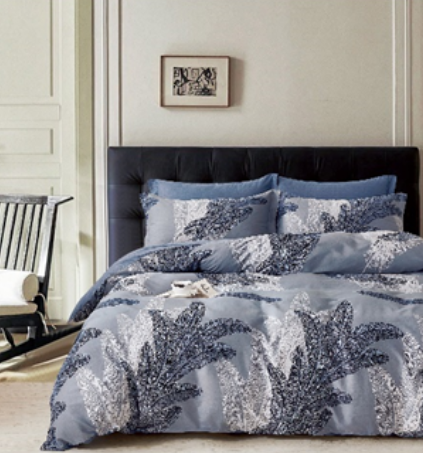100% Cotton quilt cover in blue with foliage print in king, queen, double and single