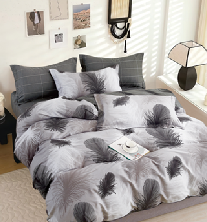 Cotton quilt cover with grey feather pattern in King, Queen, Double and Single