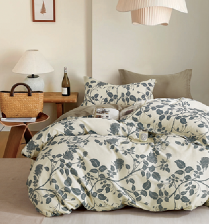 Cotton quilt cover with linen beige and grey foliage pattern in King, Queen, Double and Single