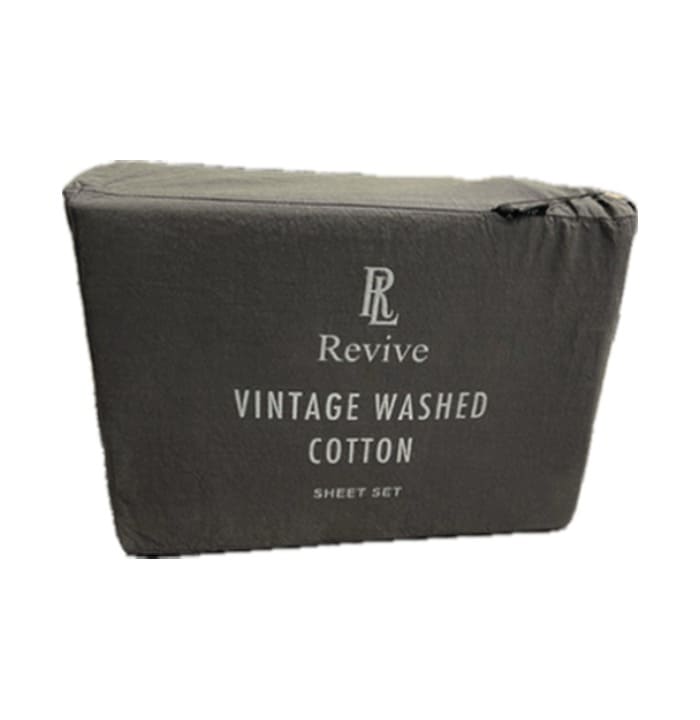 Revive Living Vintage Washed 100% Cotton Sheet Set with fitted sheet, flat sheet and pillowcases for Double, Queen, Mega Queen, King, Mega King in Charcoal Gray