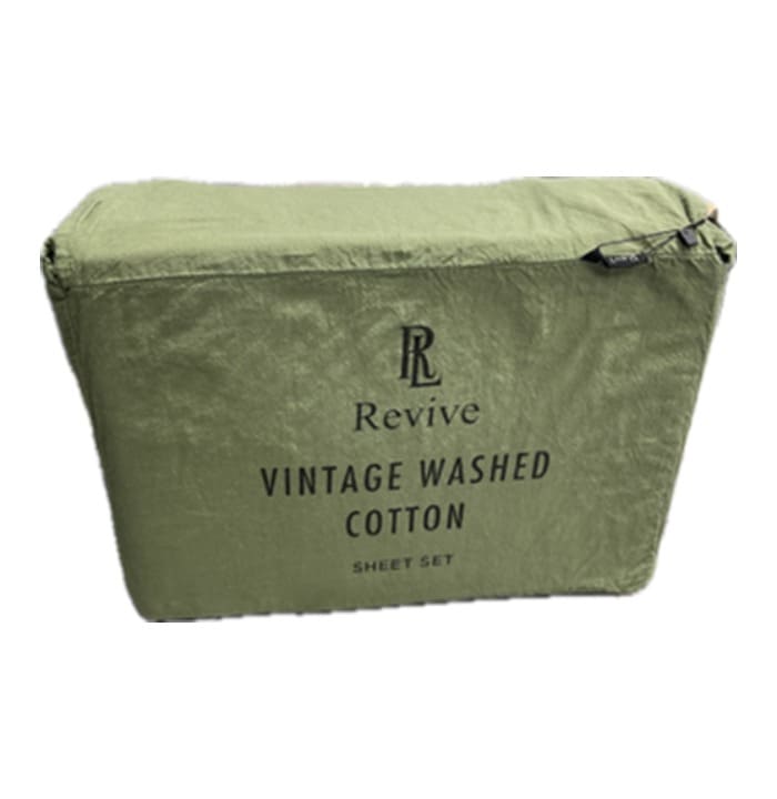 Revive Living Vintage Washed 100% Cotton Sheet Set with fitted sheet, flat sheet and pillowcases for Double, Queen, Mega Queen, King, Mega King in Green