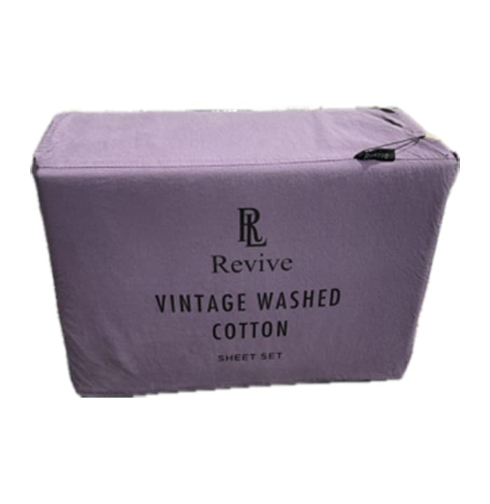 Vintage washed 100% Cotton sheet set with fitted sheet, flat sheet and pillowcases in purple for king, queen, double, mega queen and mega king